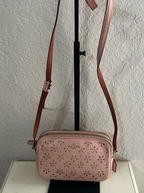 Coach Pink Laser-Cut Leather Crossbody with Brown Strap